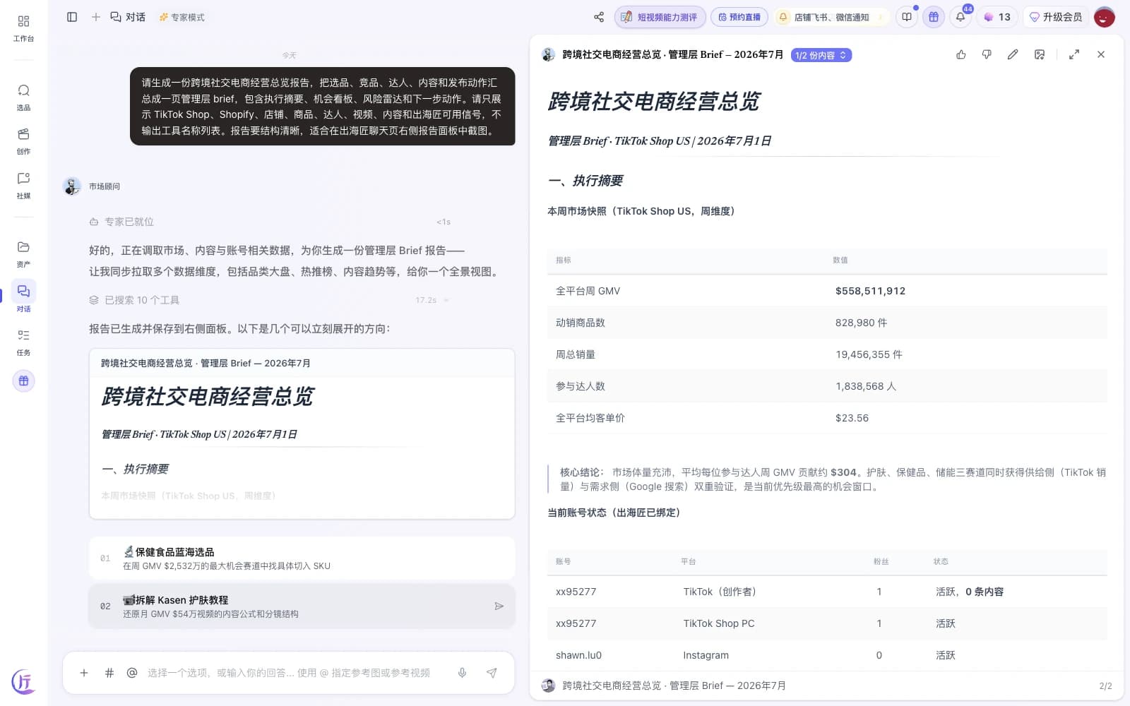 出海匠 Discover dashboard showing TikTok Shop market GMV, shoppable video trends, and AI-generated product opportunities